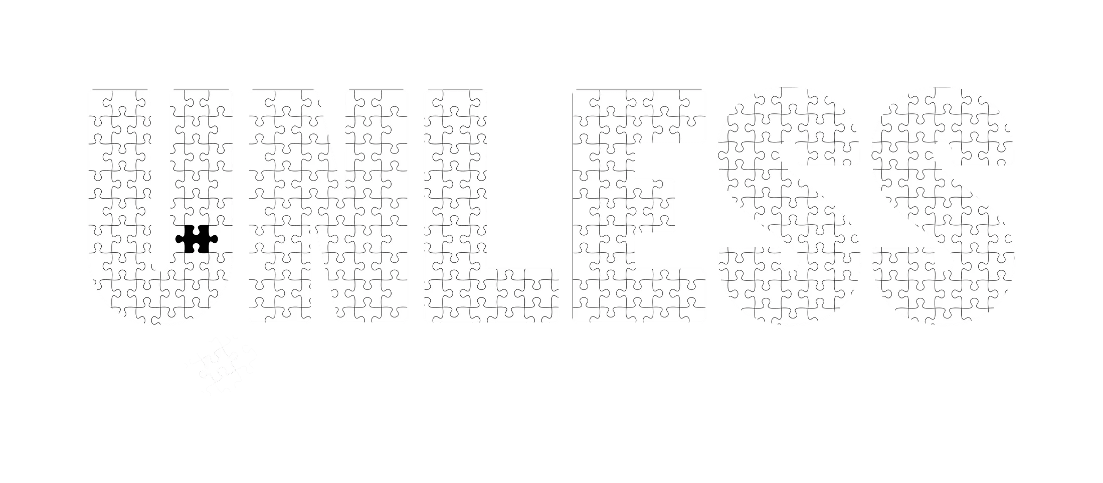 The words 'DEFINE FOCUS' created from negative space over a white jigsaw puzzle pattern. The abstract design includes digital glitches and a single black piece.